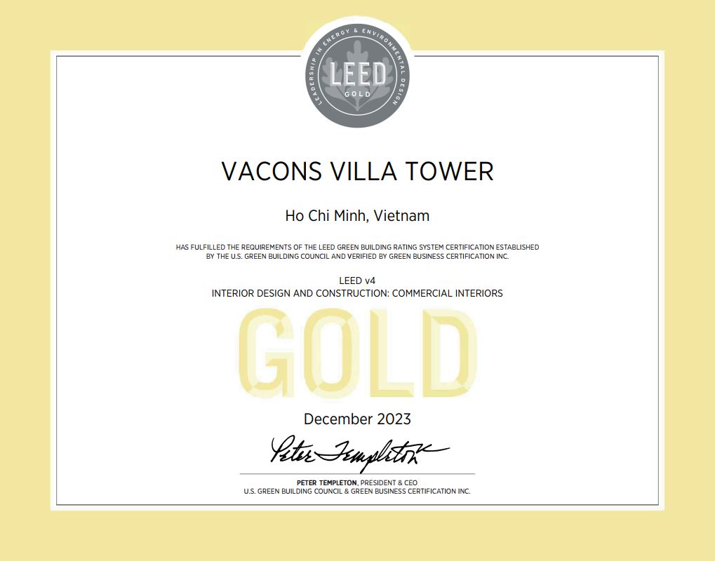 Vacons tự hào là văn phòng công ty Design And Build đầu tiên ở Việt Nam được Chủ tịch Hiệp Hội Xanh của Mỹ cấp đạt chứng chỉ LEED GOLD